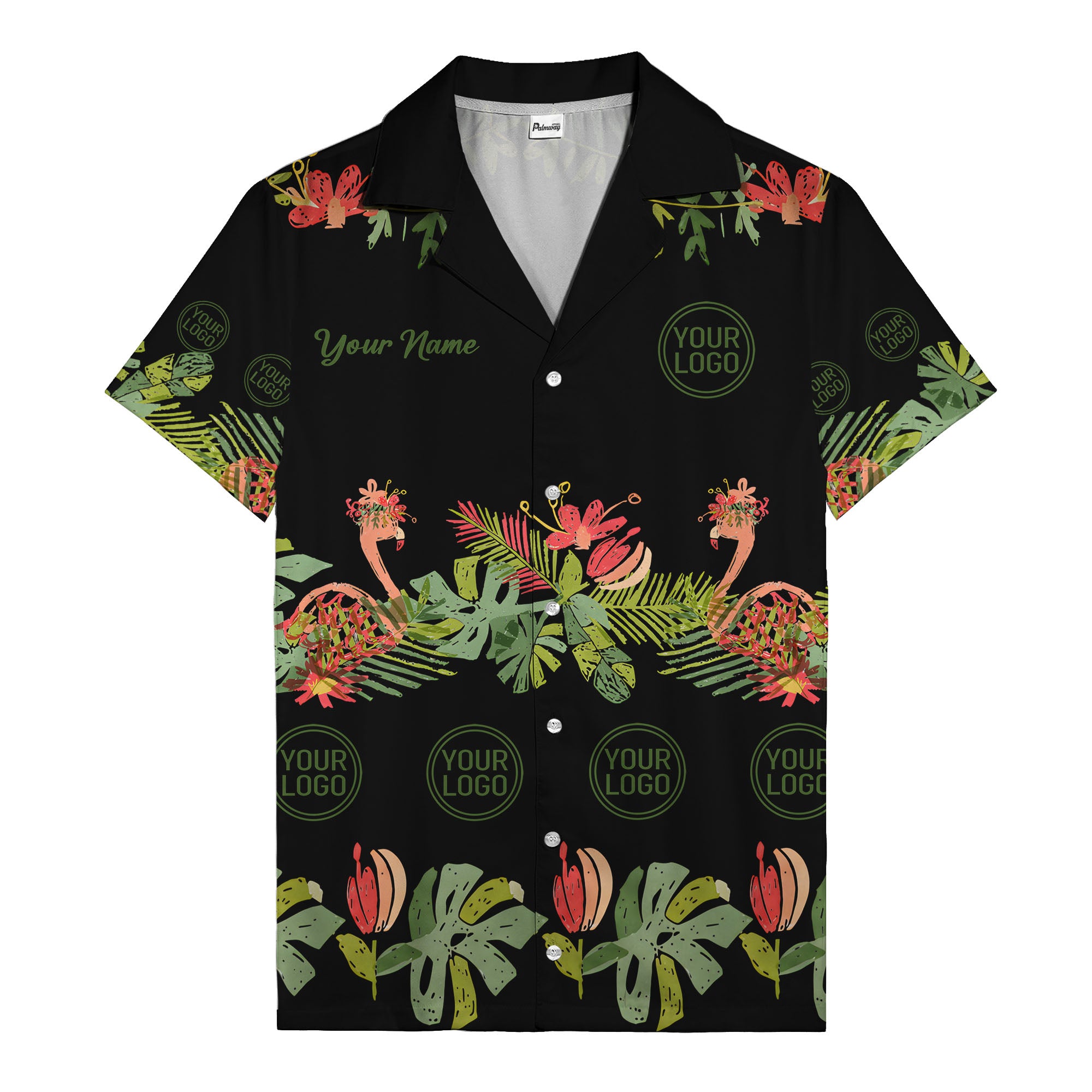 watercolor flamingo palm tropical flowers black hawaiian shirt