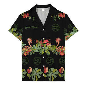 watercolor flamingo palm tropical flowers black hawaiian shirt