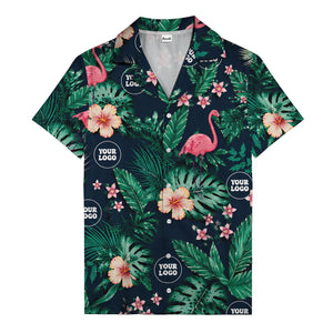watercolor flamingos among palm leaves & hibiscus navy hawaiian shirt