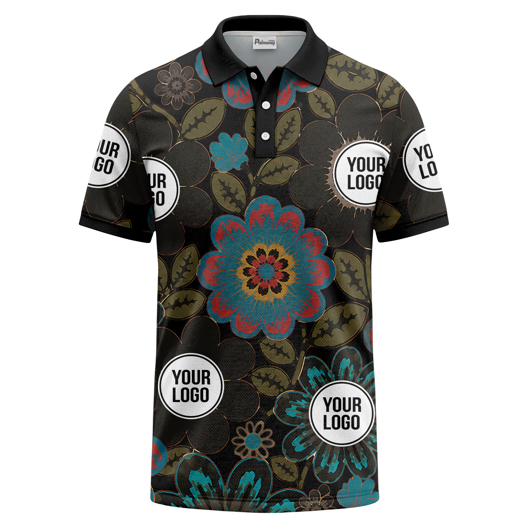 watercolor floral burst and olive leaves polo shirt for men