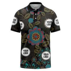 watercolor floral burst and olive leaves polo shirt for men