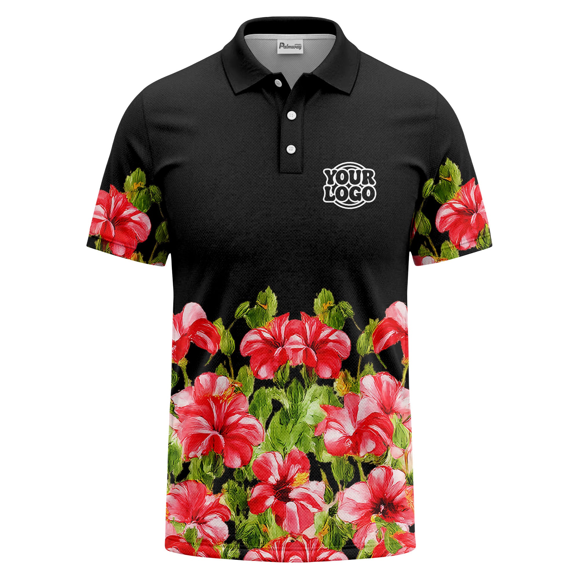 watercolor hibiscus & emerald leaf tropical polo shirt for men