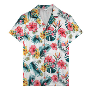 watercolor hibiscus palm birds of paradise hawaiian shirt for beach days