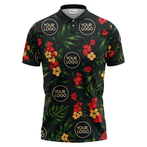watercolor hibiscus & palm leaves tropical polo shirt for men