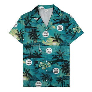 watercolor palm tree sunset sailboat hawaiian shirt