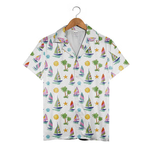 Watercolor Sailboat & Palm Tree Hawaiian Shirt – Tropical Beach Style