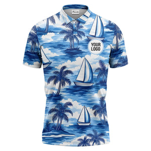 watercolor sailboats & palm trees ocean waves polo shirt for men