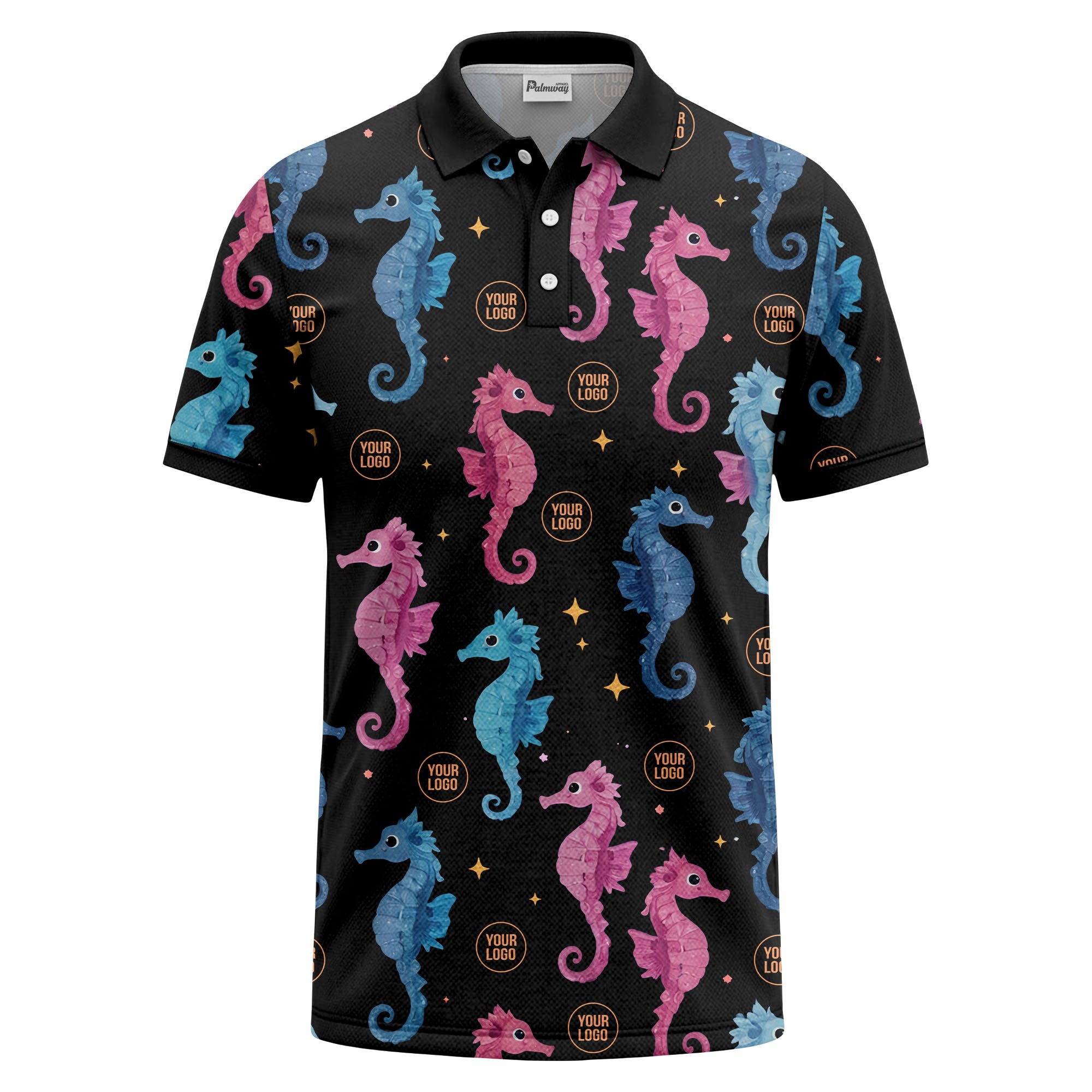 watercolor seahorse repeat marine life polo shirt in pink blue