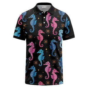 watercolor seahorse repeat marine life polo shirt in pink blue