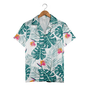 White Hawaiian Shirt with Bird of Paradise Flowers and Dark Teal Monstera