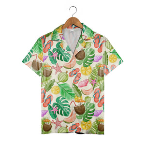 White Retro Doodle Palm Tree Hawaiian Shirt with Pineapple Geometric Pattern