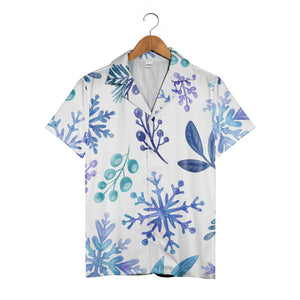White Watercolor Branch Hawaiian Shirt with Blue Gradient Snowflakes