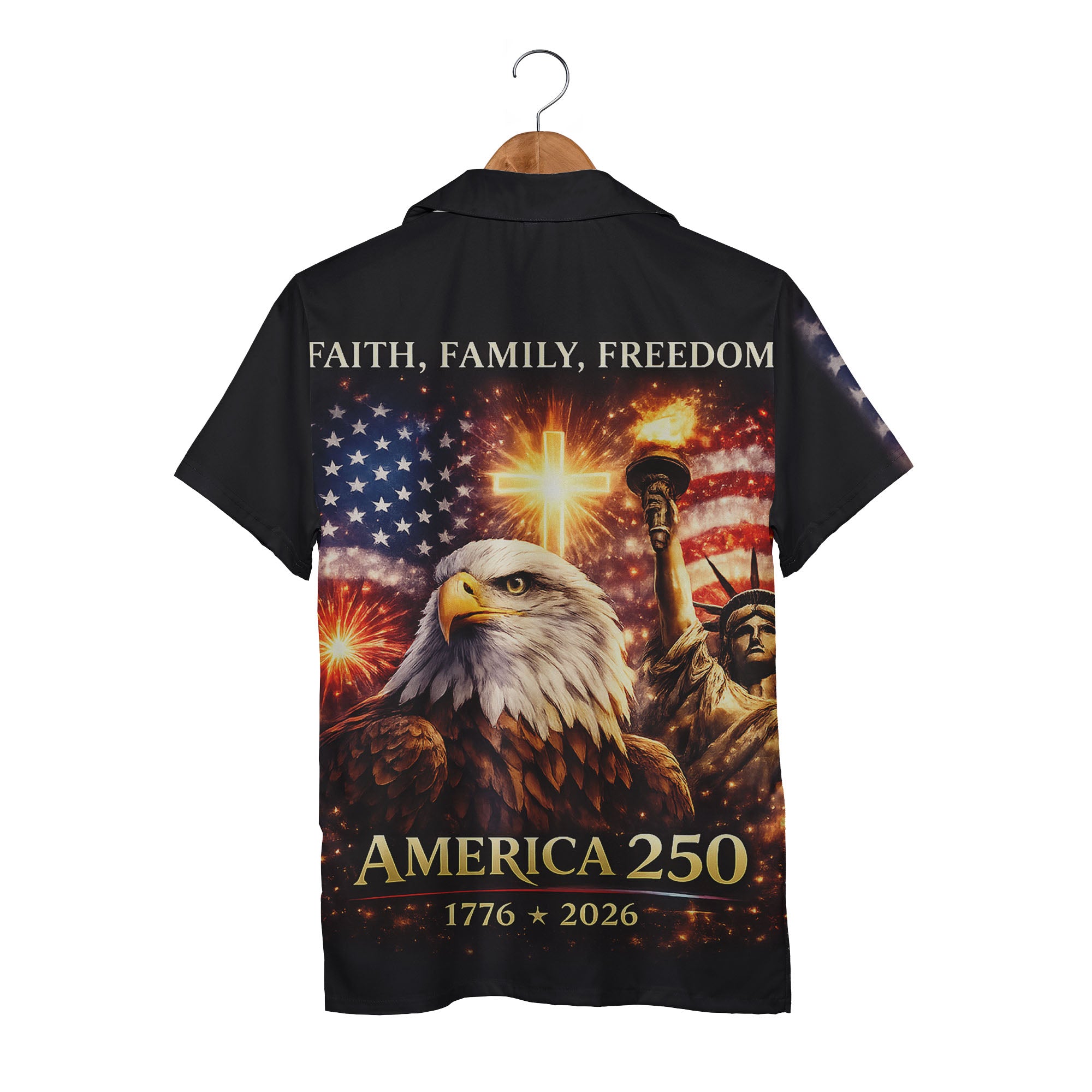 America 250 Bald Eagle Hawaiian Shirt - Statue of Liberty & Fireworks Realistic Print