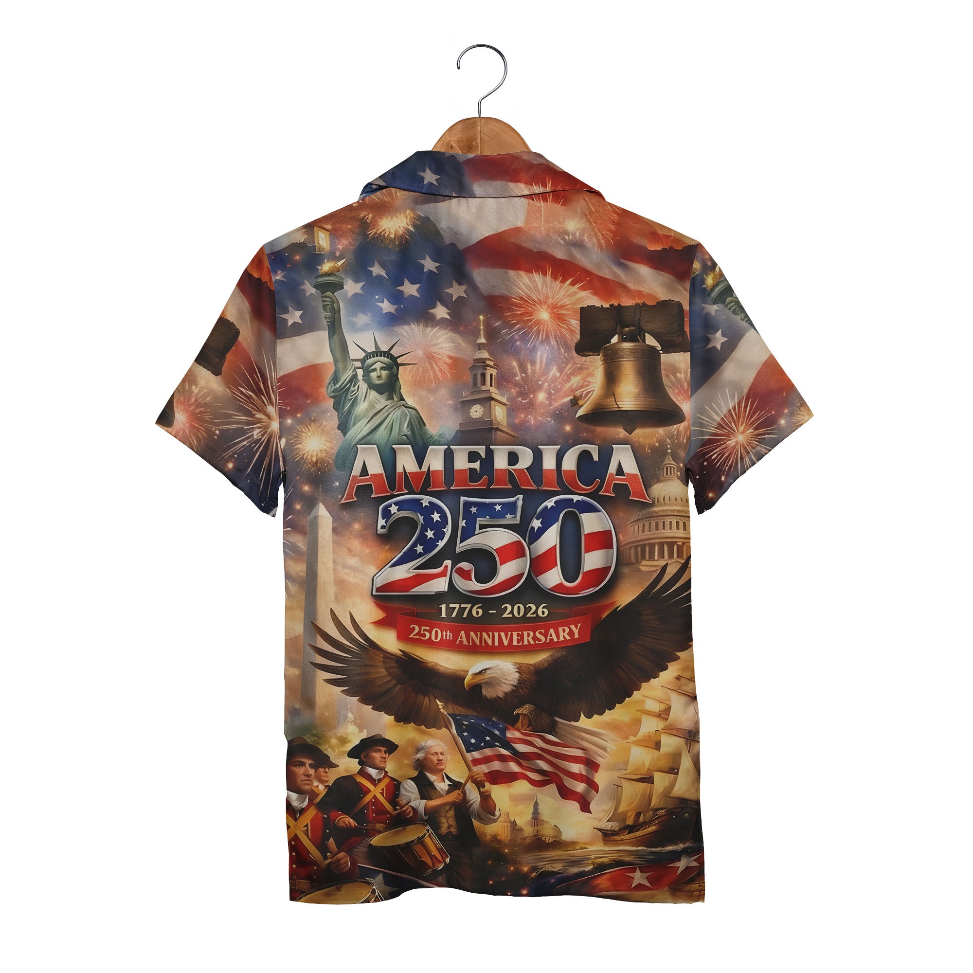 America 250th Anniversary Hawaiian Shirt - Founding Fathers & Landmarks All-Over Print