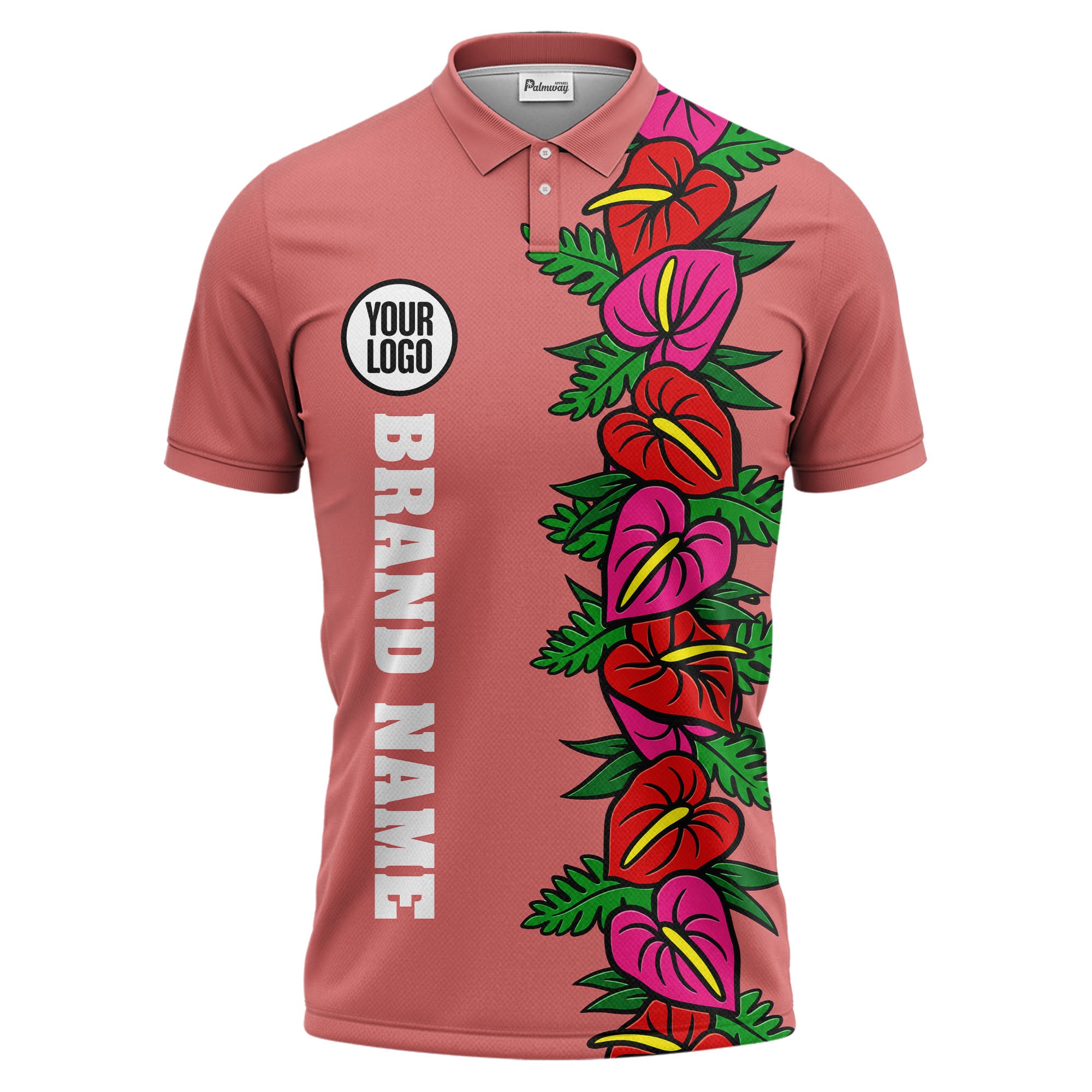 anthurium & emerald leaf stripe coral red polo shirt for men