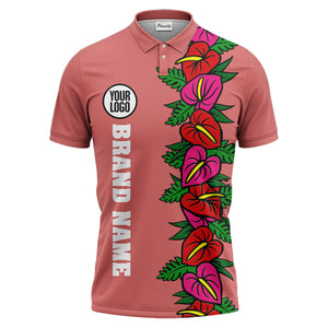 anthurium & emerald leaf stripe coral red polo shirt for men