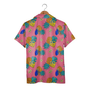 Bold Graphic Pineapple Hawaiian Shirt with Plumeria on Hot Pink