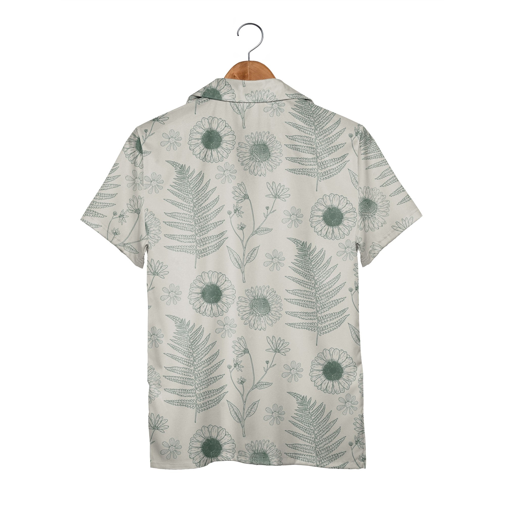 Botanical Line Art Fern and Wildflower Hawaiian Shirt in Sage Green