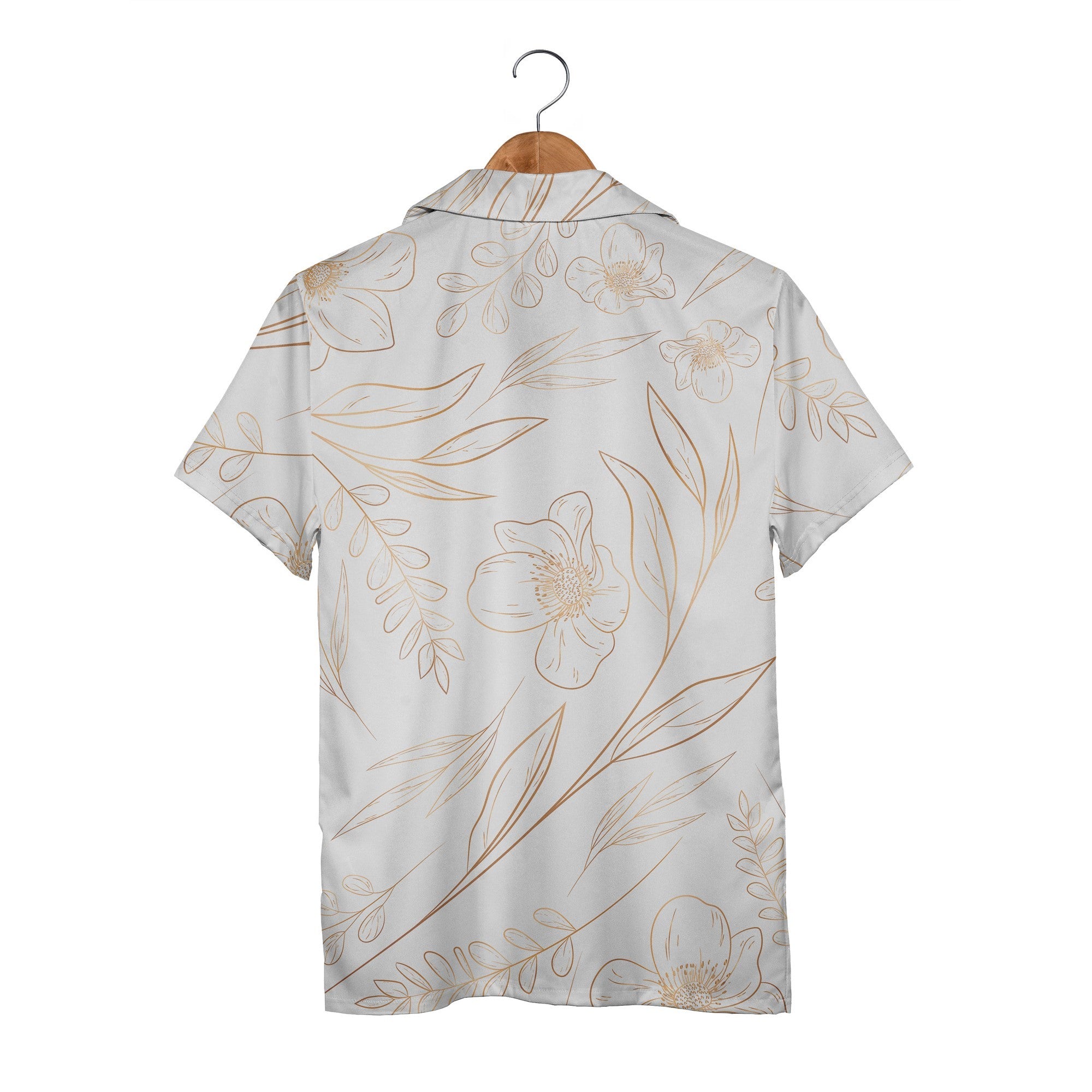 Botanical Line Art Hawaiian Shirt with Golden Bronze Flowers and Leaves