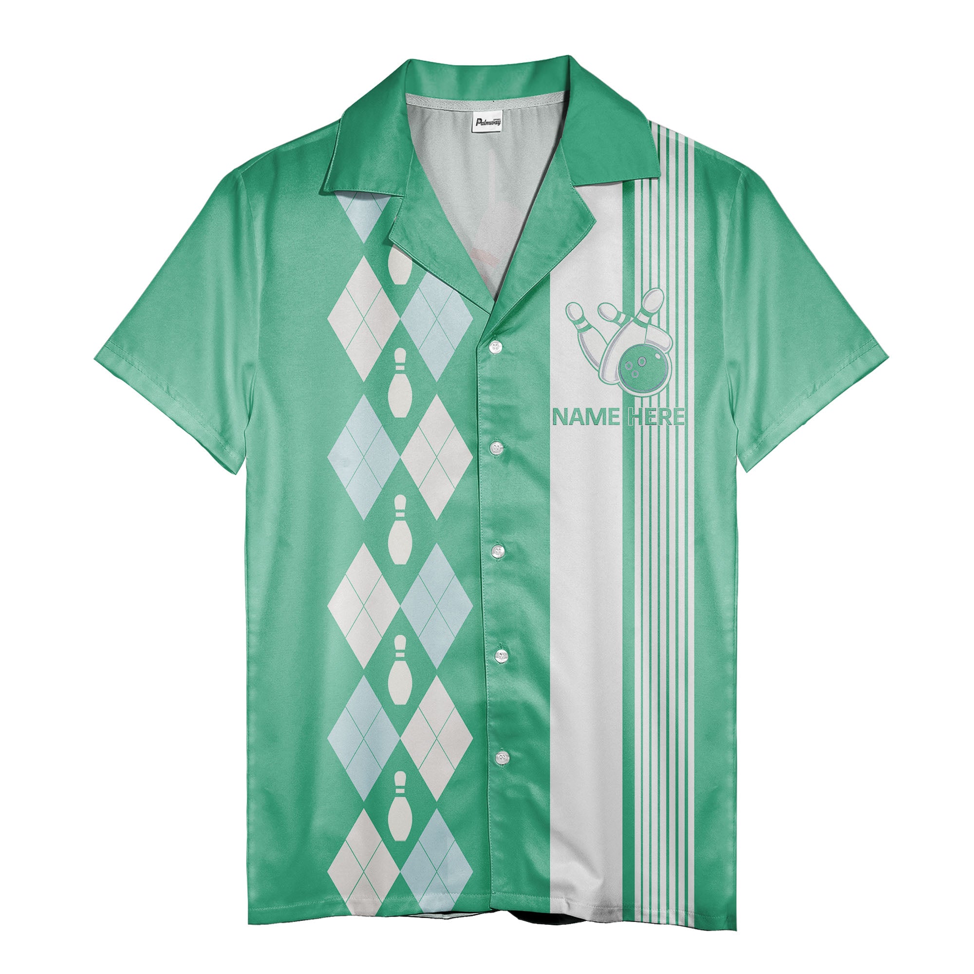 bowling argyle hawaiian shirt with pins & ball, retro sport aloha button down shirt