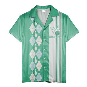bowling argyle hawaiian shirt with pins & ball, retro sport aloha button down shirt