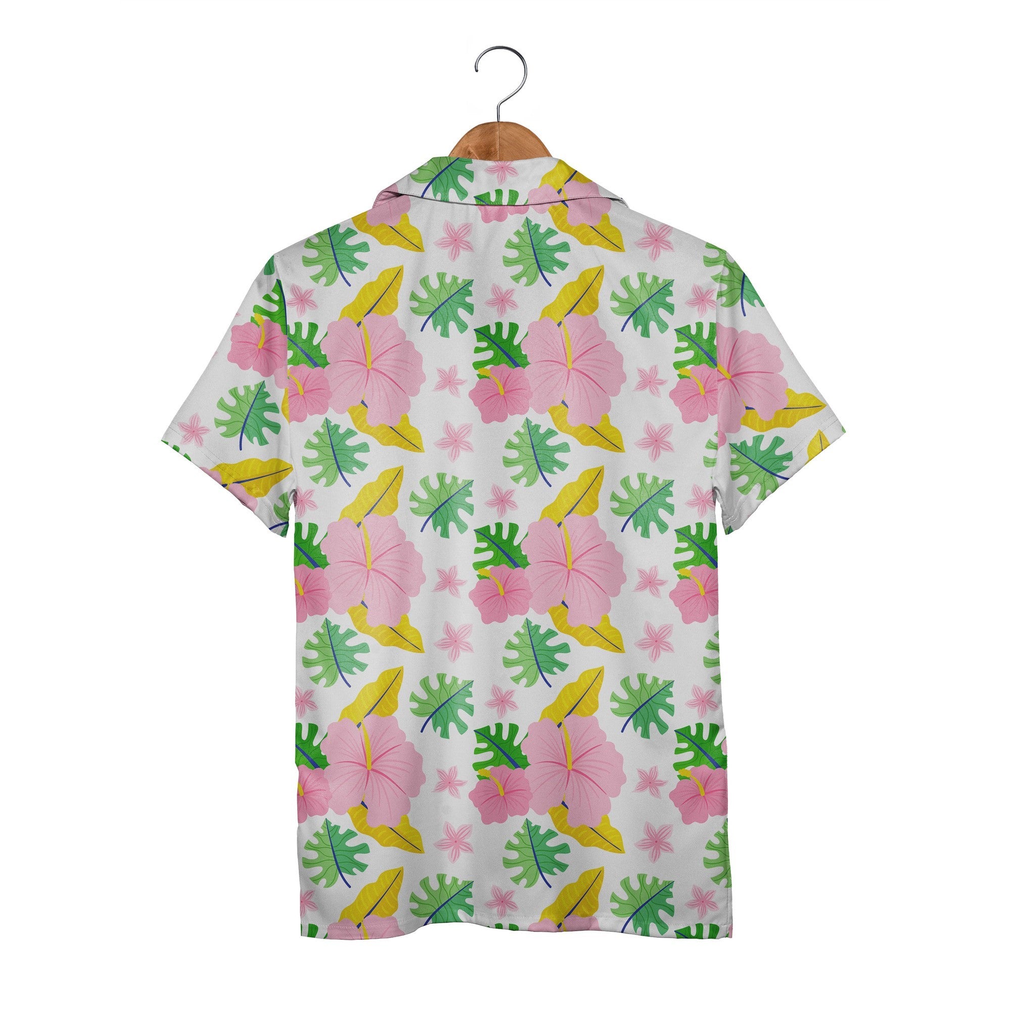 Bubblegum Paradise Hawaiian Shirt with Yellow Hibiscus and Blue Leaves