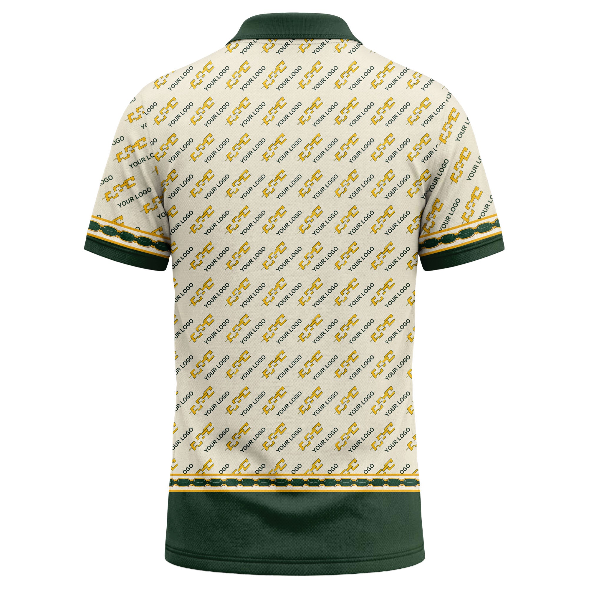 Chain Link & Custom Logo Beige Polo Shirt with Gold Trim