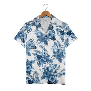 Clean White Corporate Hawaiian Shirt with Monstera Leaf Logo Design