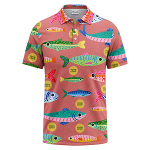 colorful cartoon fish & custom logo repeat all-over print polo shirt