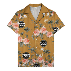 coral pink hibiscus & palm trees on black hawaiian shirt for men