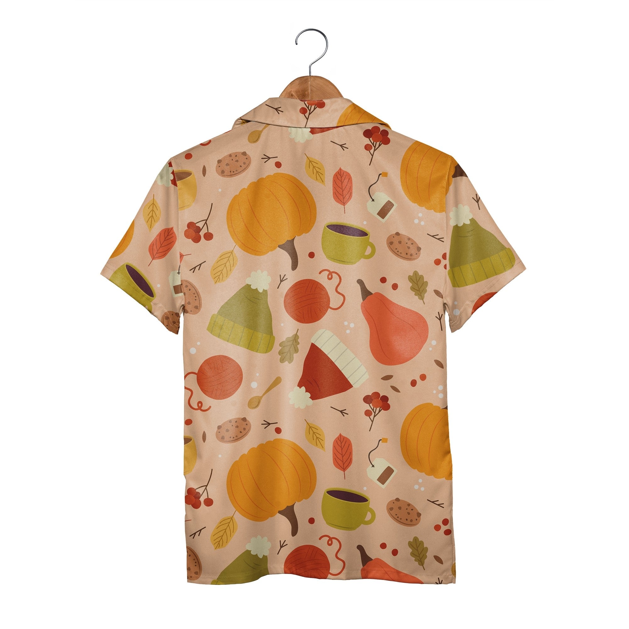 Cozy Autumn Hawaiian Shirt with Knit Beanie Hats Hot Cocoa and Yarn Balls