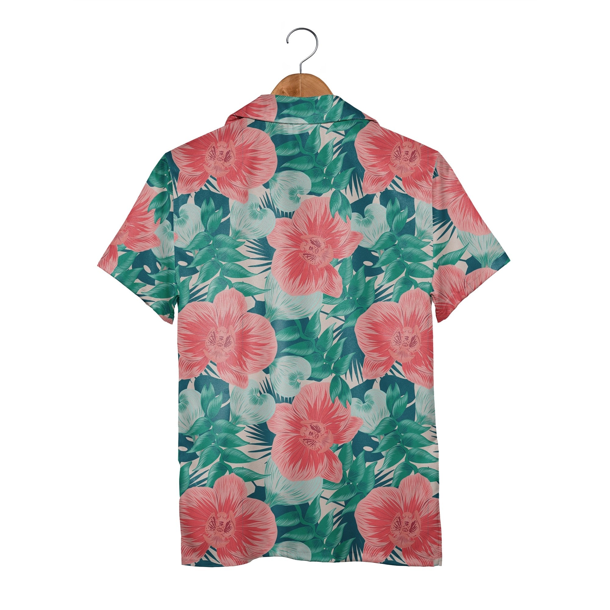 Cream Hawaiian Shirt with Large Coral Orchids and Swirling Teal Leaves