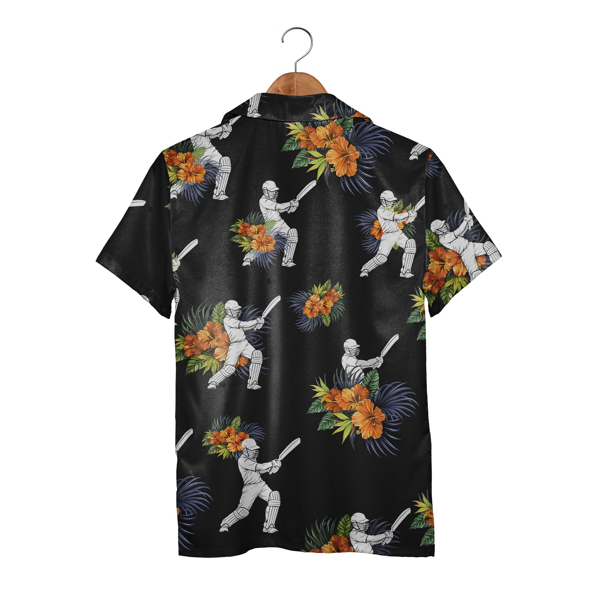 Cricket Aloha Shirt - Tropical Floral Players Bats Helmets Orange Green Print