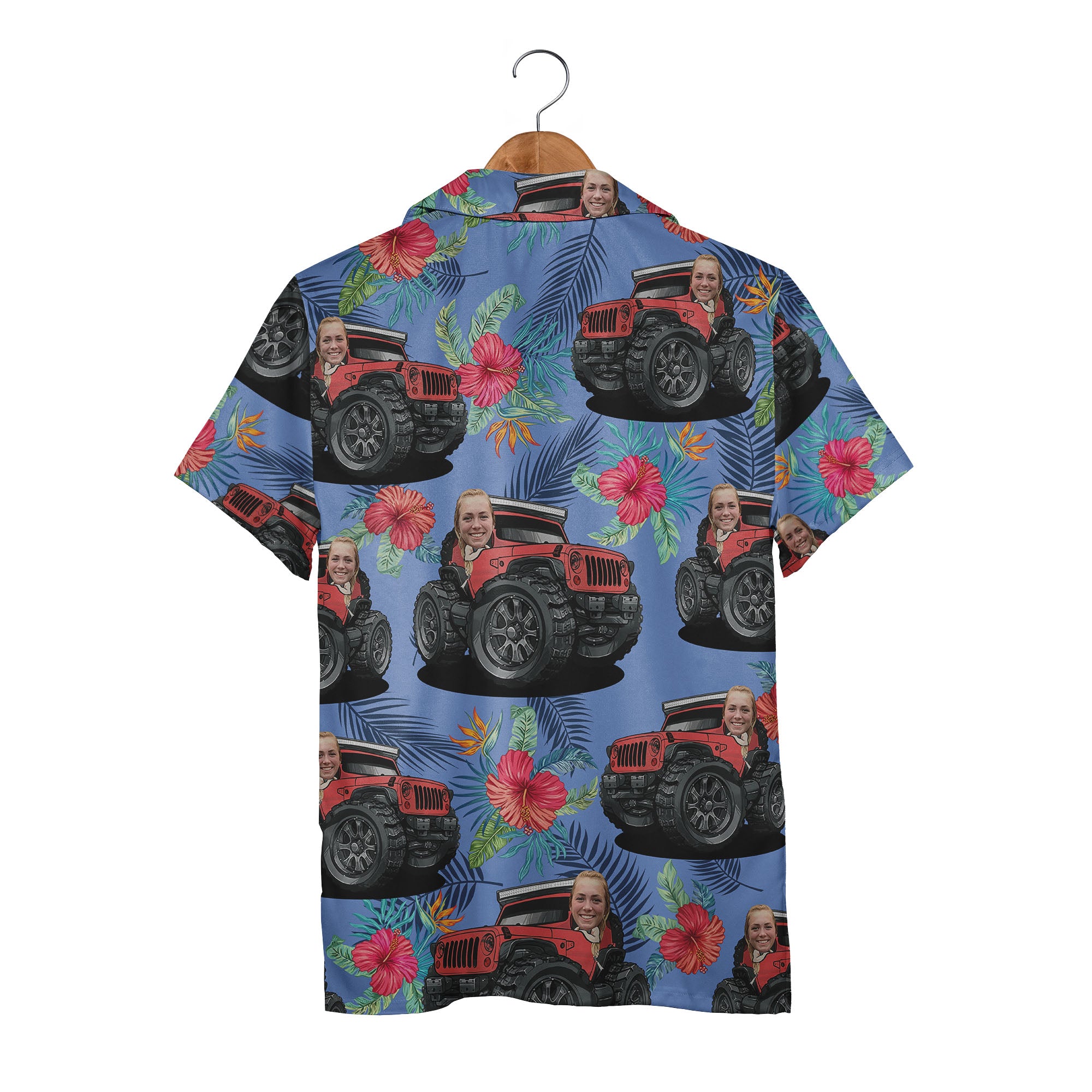 Custom Face Jeep Hibiscus & Palm Leaf Tropical Hawaiian Aloha Button Down Shirt Hawaiian Shirt