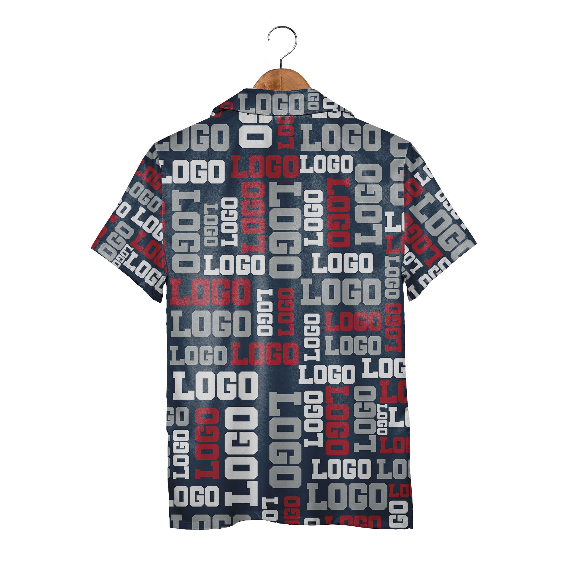 Custom Logo Hawaiian Shirt - Navy Red White Typography Repeating Letter Pattern