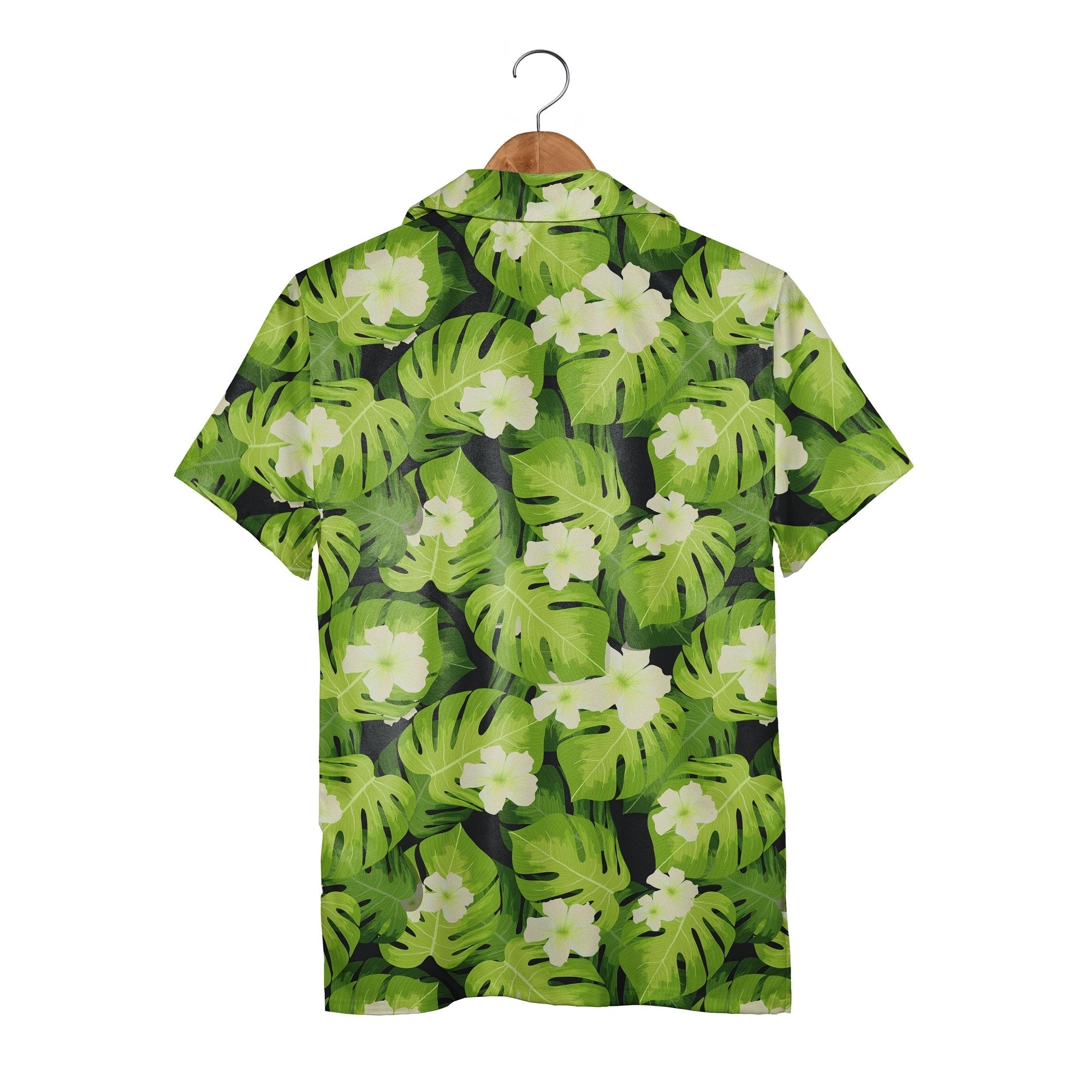 Dark Charcoal Grey Monstera Hawaiian Shirt with White Flowers and Lime Green