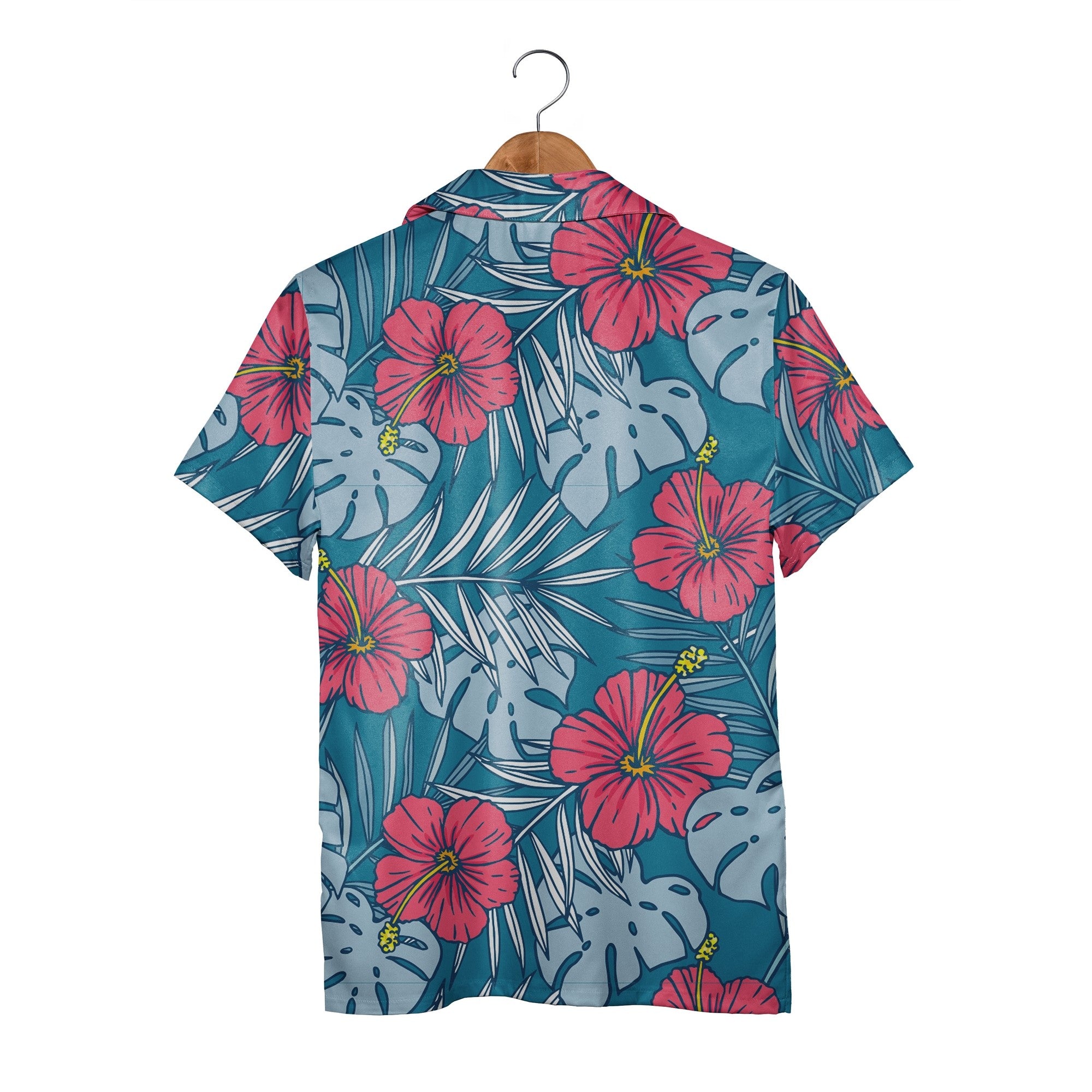 Dark Teal Hawaiian Shirt with Vibrant Coral Hibiscus and Yellow Accents