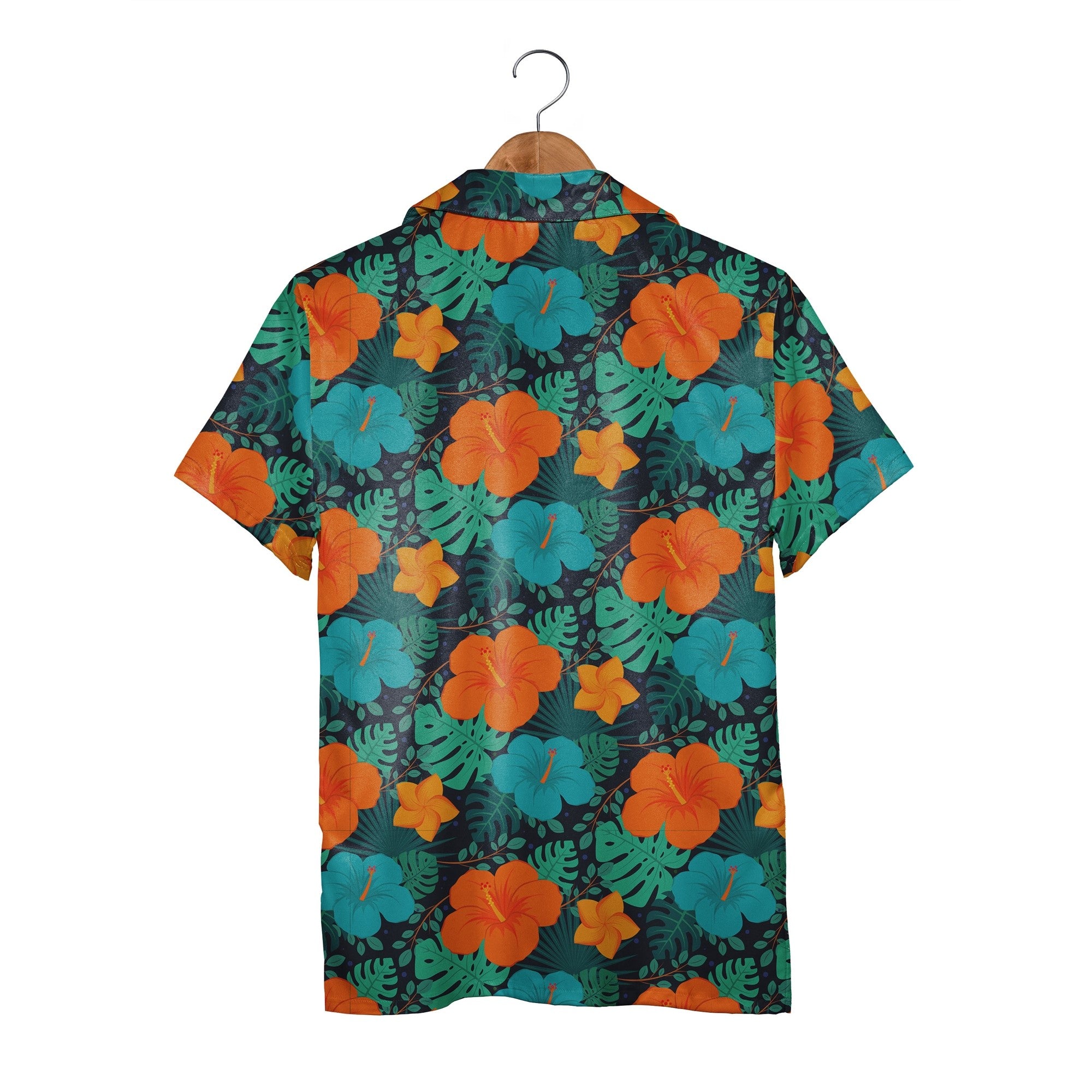 Deep Midnight Blue Vibrant Hibiscus Hawaiian Shirt with Plumeria and Fan Palm