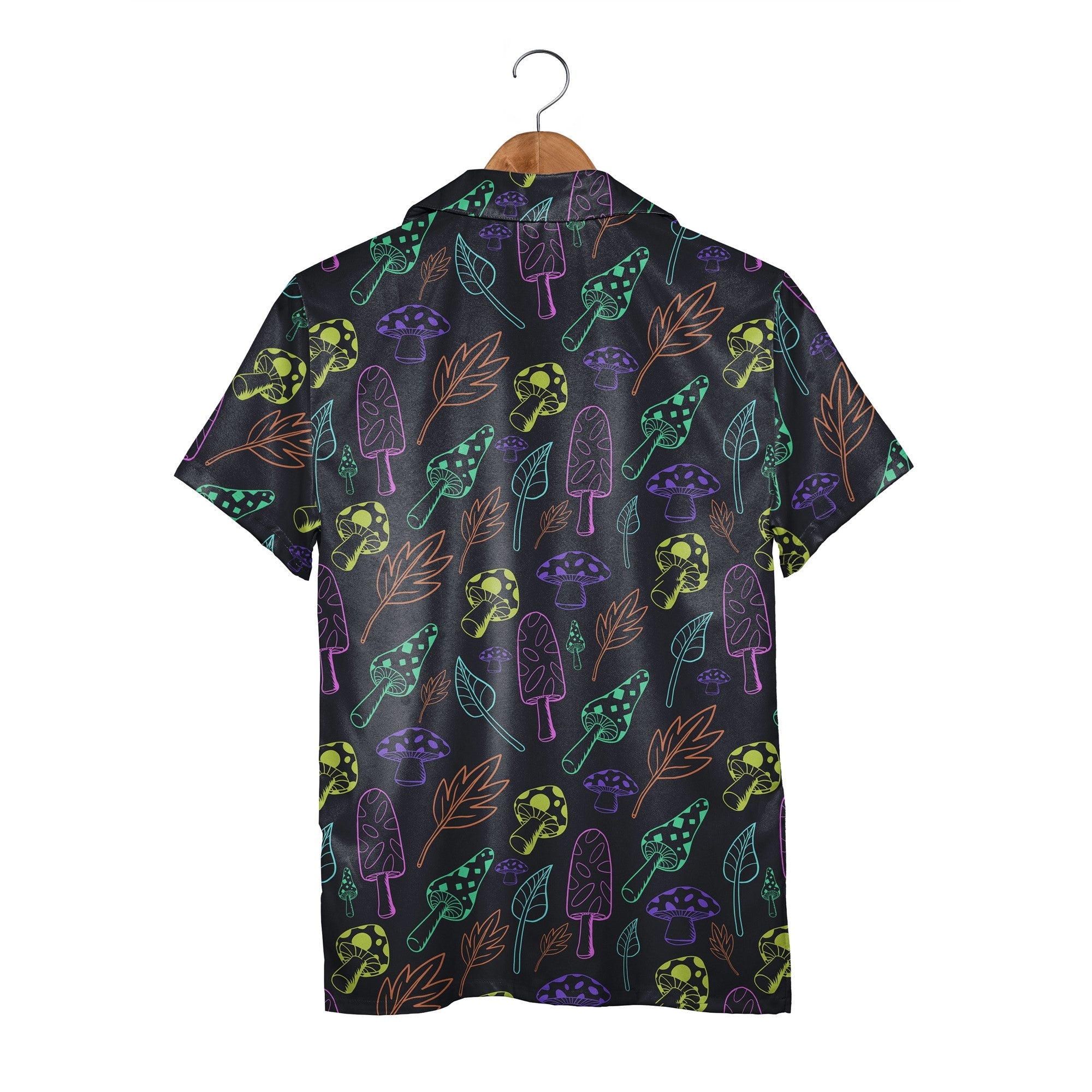 Detailed Botanical Mushroom Hawaiian Shirt with Autumn Leaves on Black