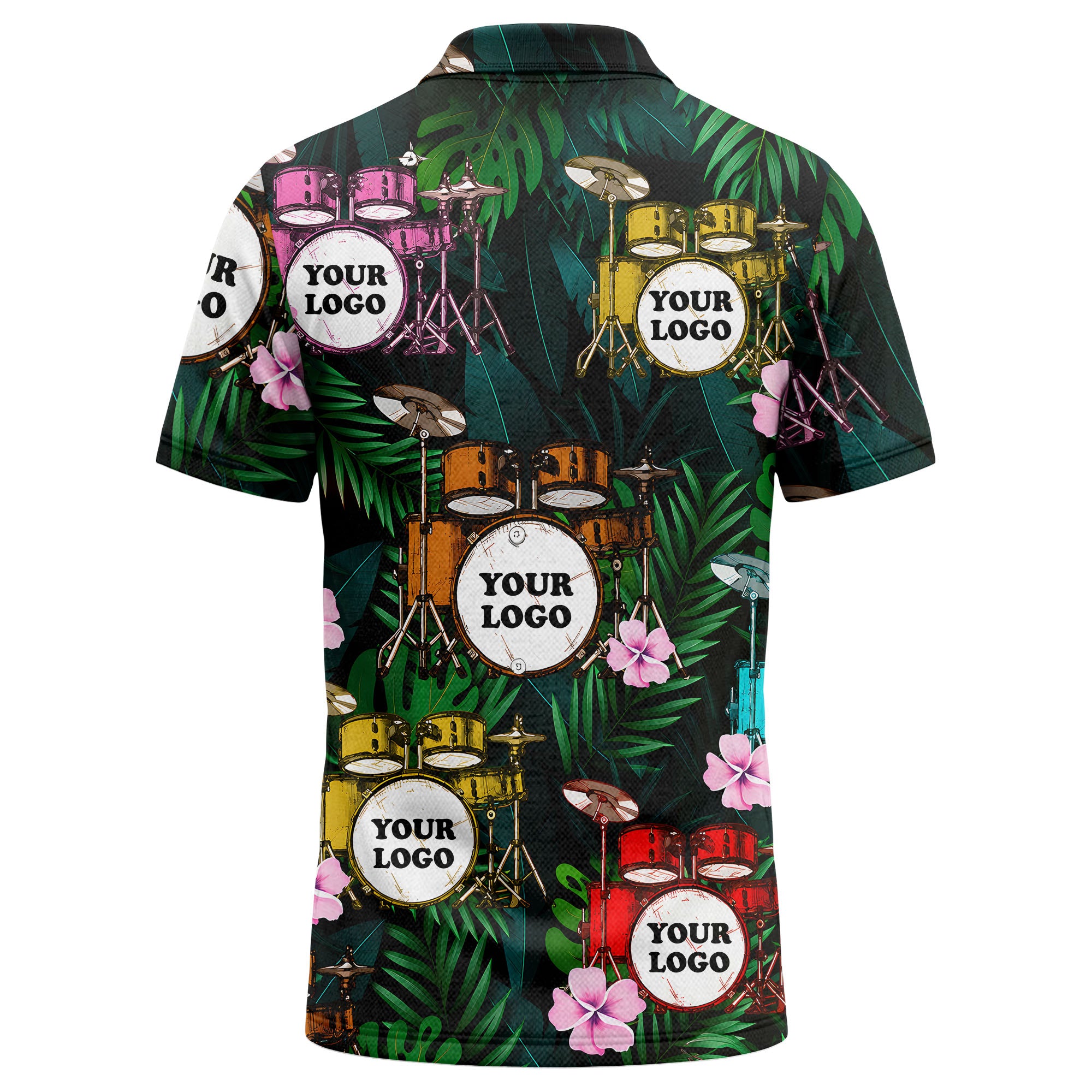 drum kit & hibiscus palm photoreal polo shirt for men