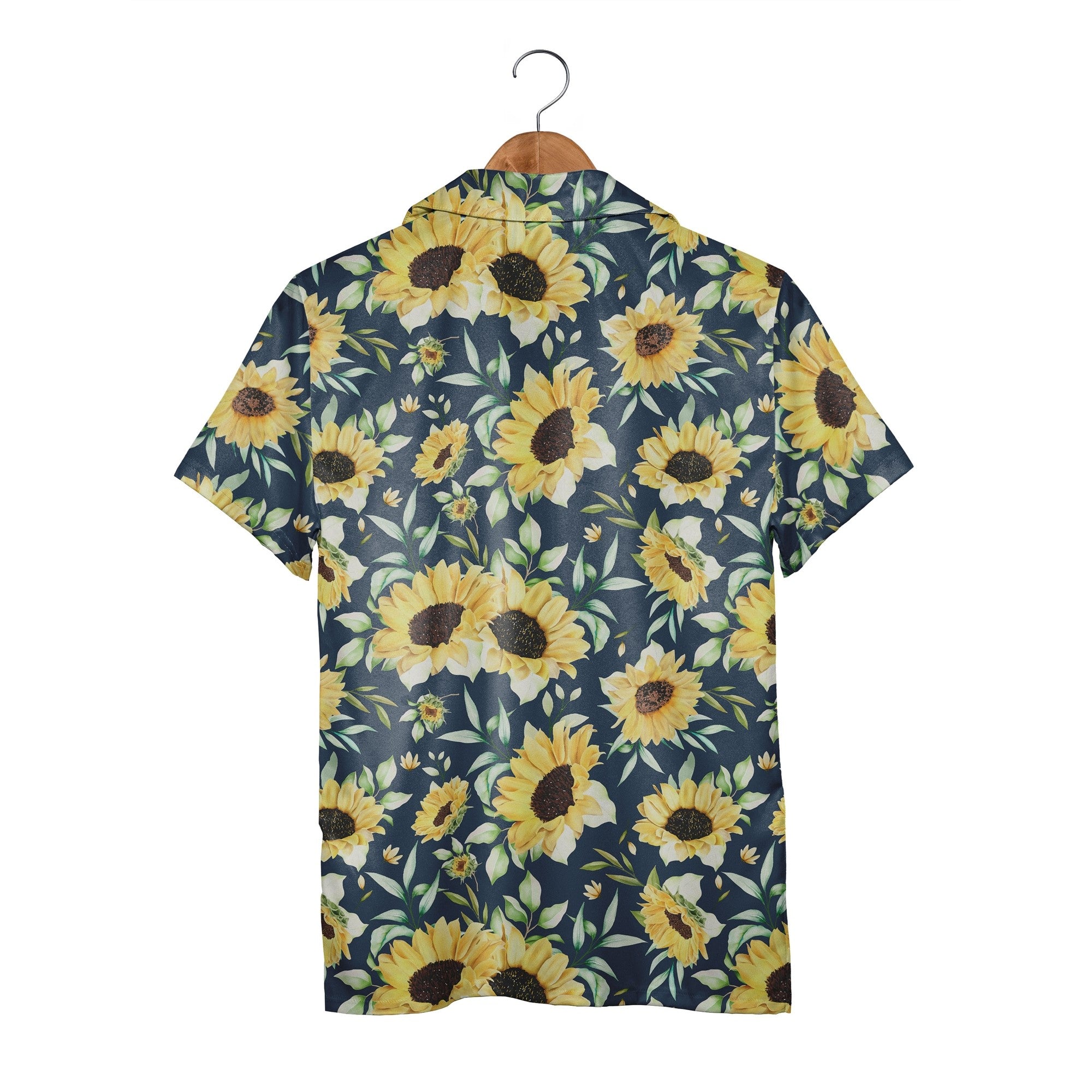 Elegant Watercolor Sunflower Hawaiian Shirt with Buds on Navy Blue