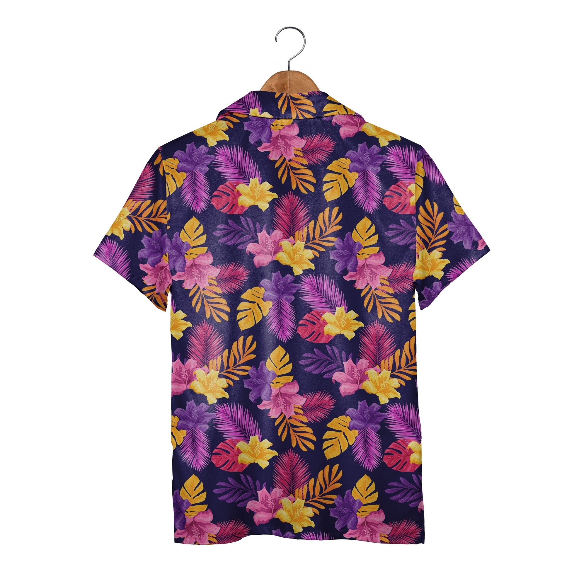 Exotic Floral Hawaiian Shirt with Golden Yellow and Fuchsia Tropical Blooms