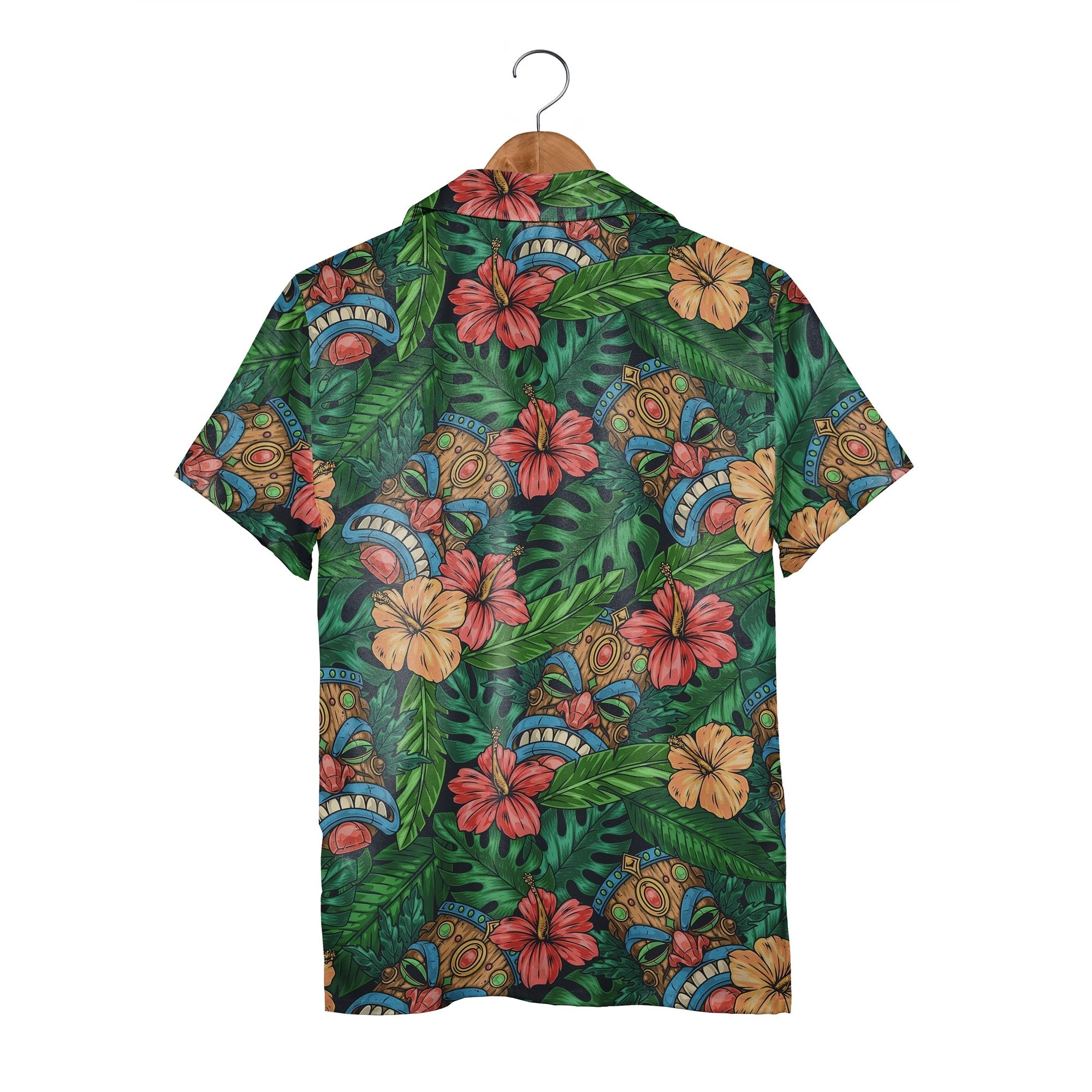 Festive Tiki Mask Hawaiian Shirt with Monstera on Navy Blue