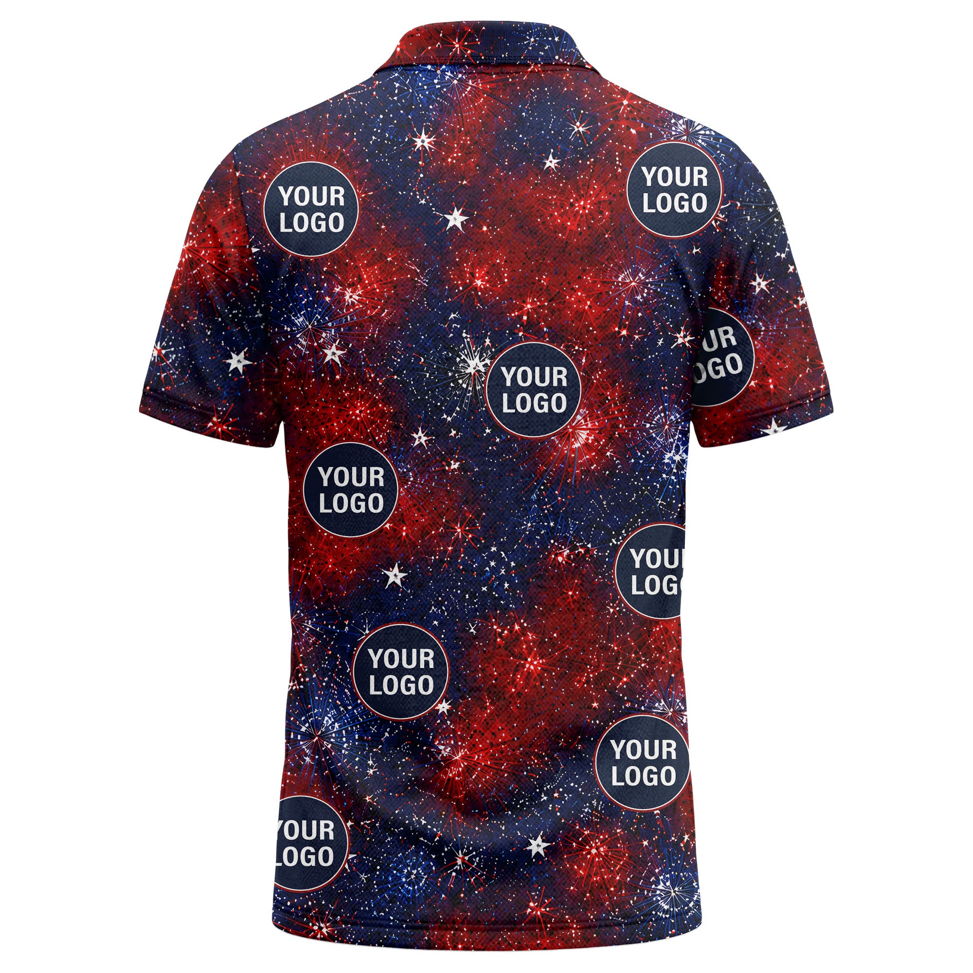 fireworks burst patriotic custom logo navy coral white polo shirt