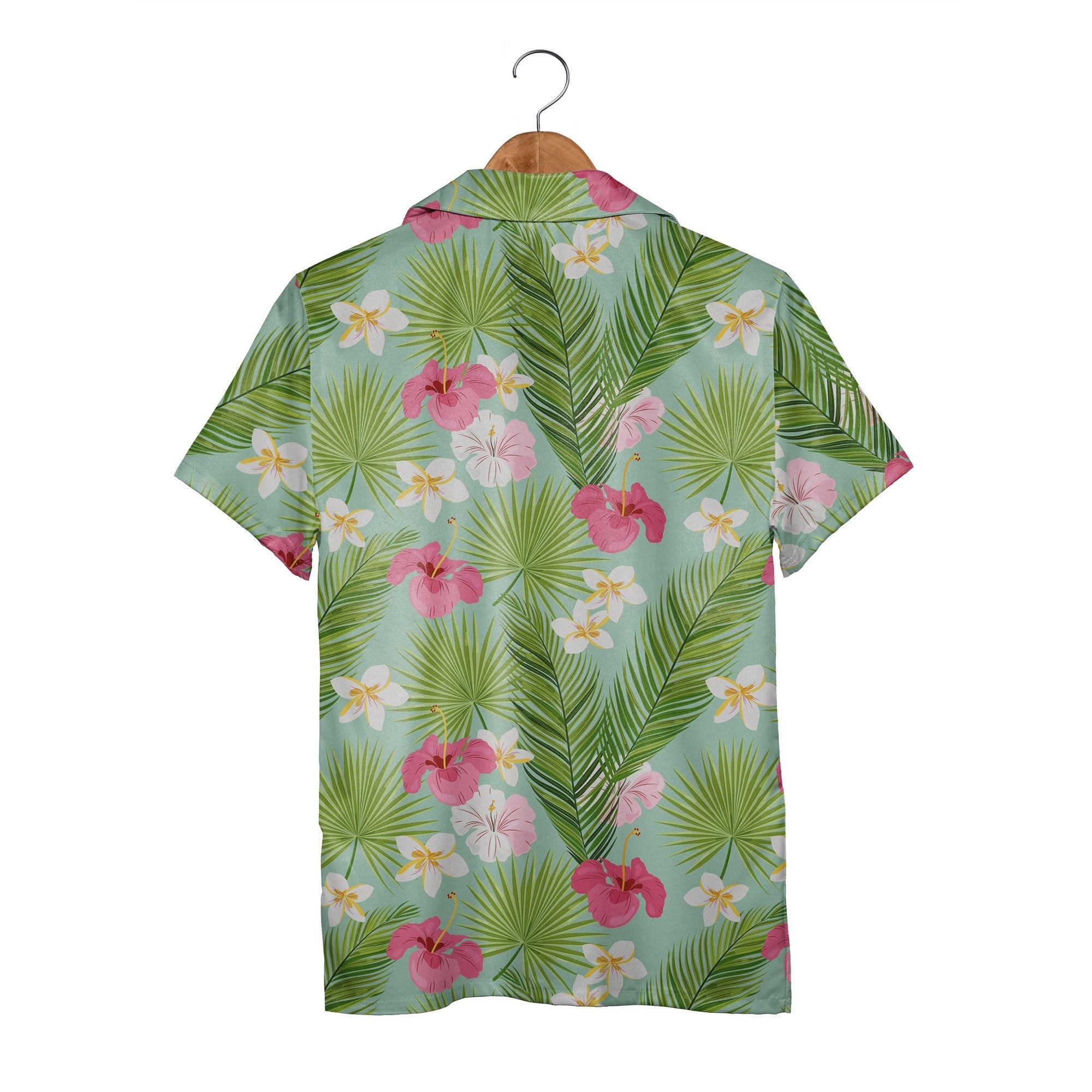 Fresh Teal Hawaiian Shirt with Hibiscus Flowers and Feather Palm Leaves