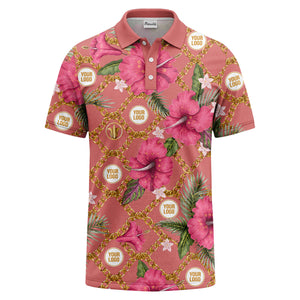 gold chain & pink hibiscus luxury illustrated polo shirt for men