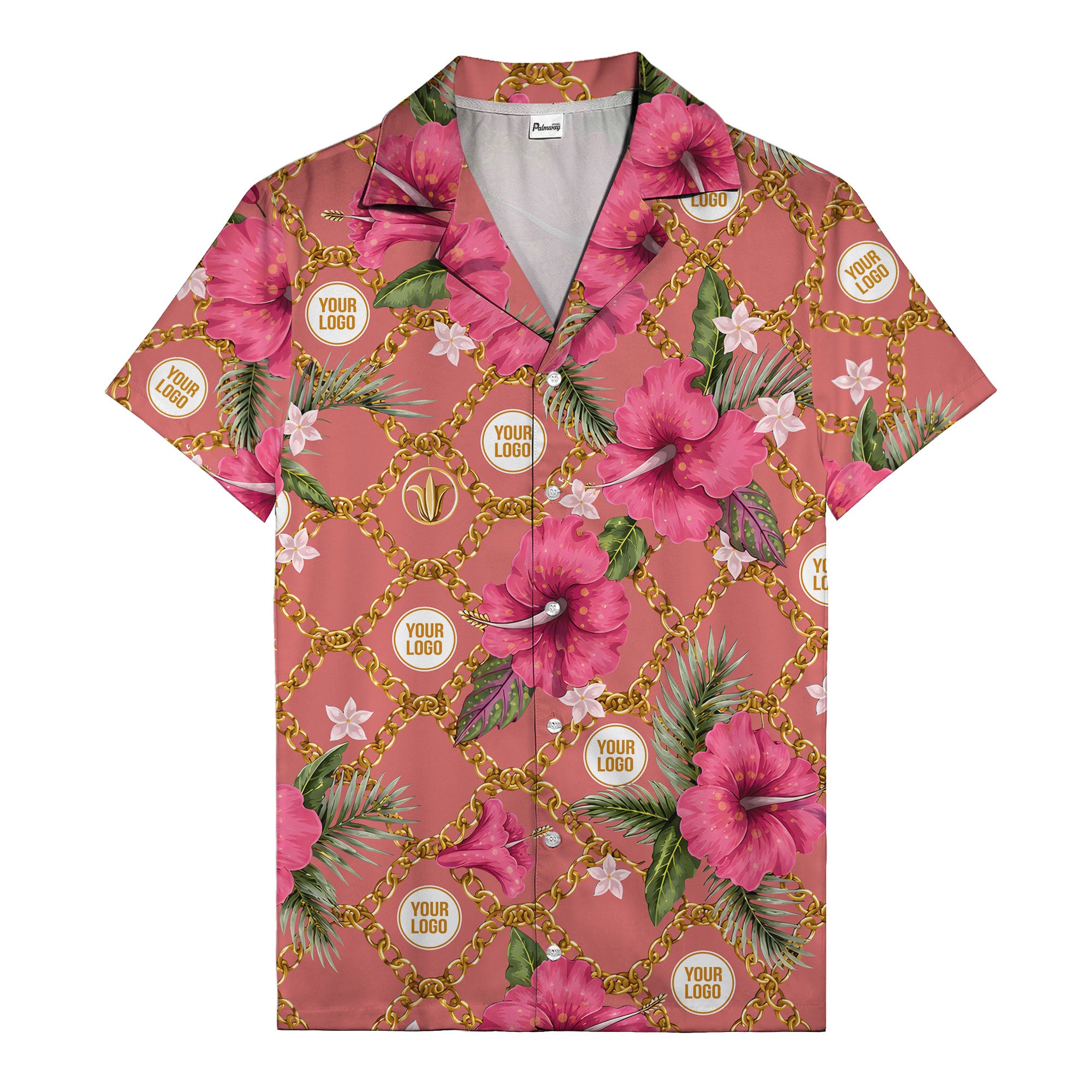 gold chain & pink hibiscus watercolor hawaiian shirt for men