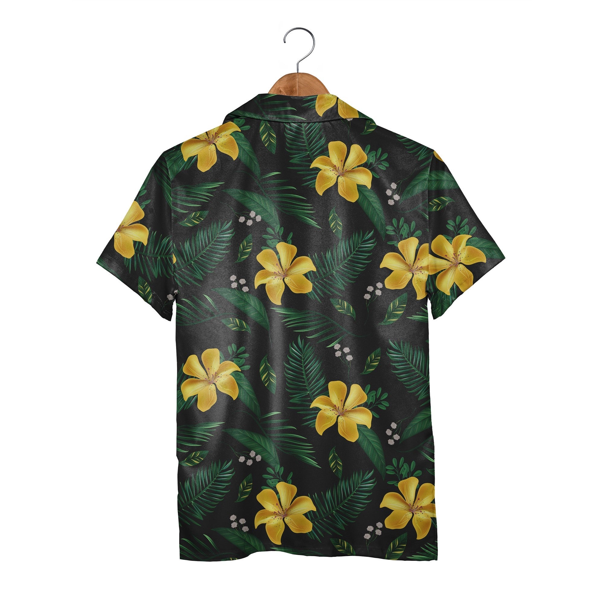 Golden Lily Bloom Hawaiian Shirt on Deep Black Background