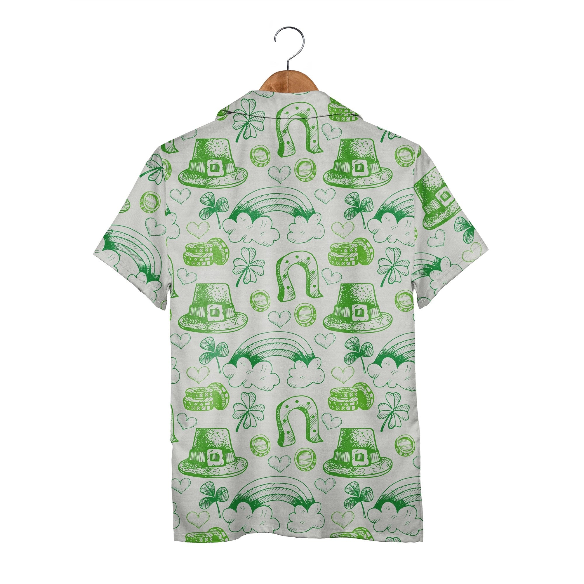 Hand-Drawn Irish Doodle Hawaiian Shirt with Shamrocks and Gold Stacks