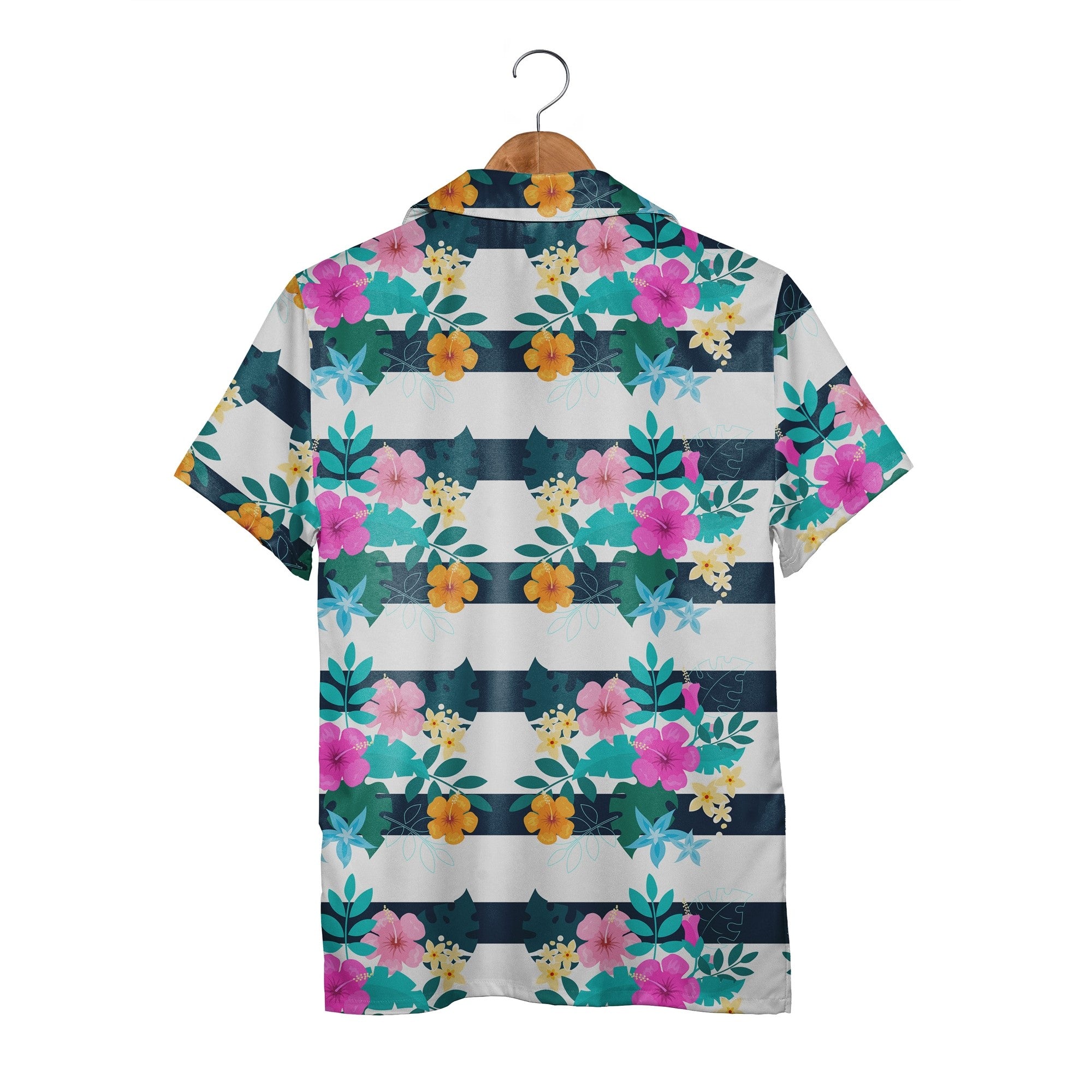 Hibiscus Floral Hawaiian Shirt on Navy White Horizontal Stripes